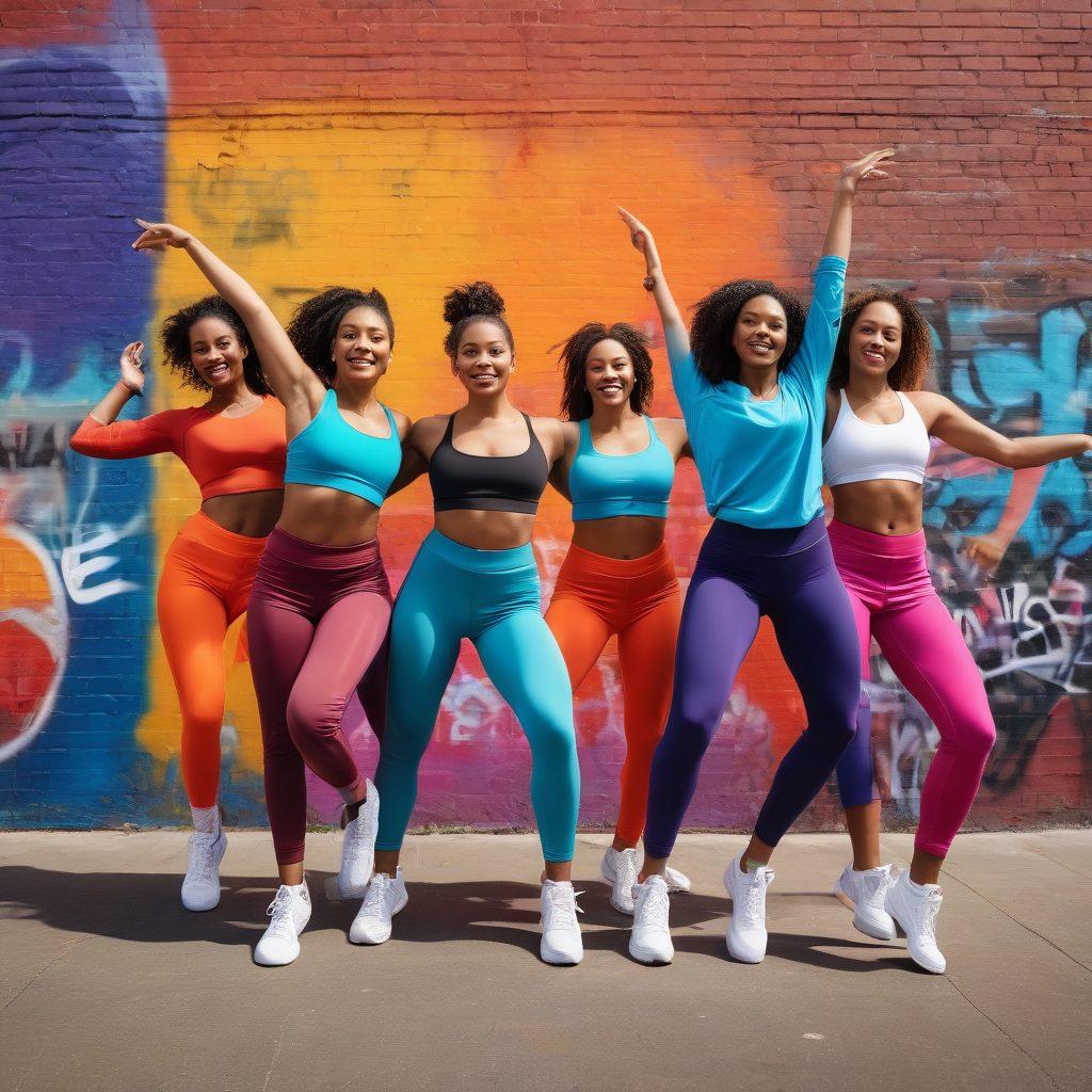 A diverse group of confident women in vibrant activewear, showcasing their individuality through dance and movement, against a colorful urban graffiti backdrop that symbolizes empowerment and self-expression. Incorporate dynamic poses that convey strength and joy, with playful splashes of color enhancing the lively atmosphere. super-realistic. vibrant colors. urban setting.