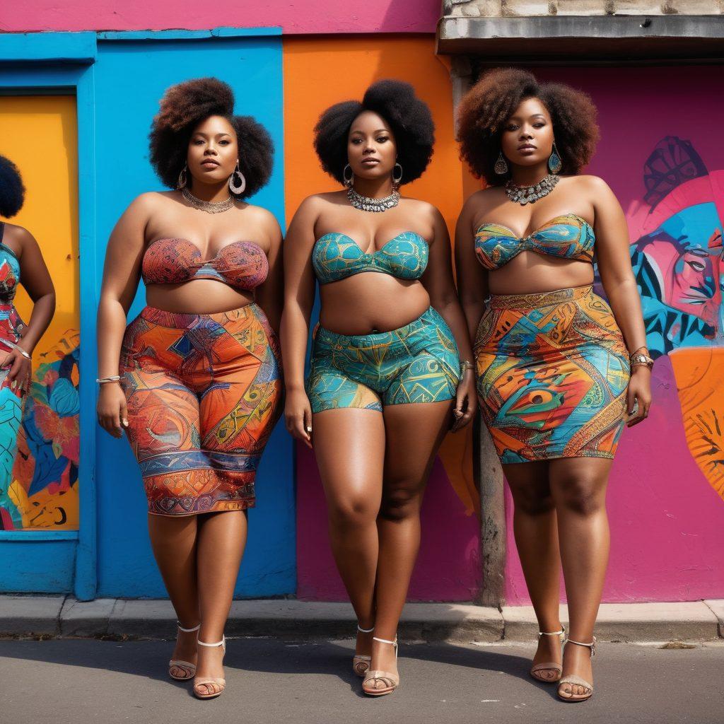 A vibrant street scene showcasing diverse individuals of different body types confidently expressing their unique styles through fashion, adorned with colorful and bold patterns inspired by African culture. Include symbols of body positivity, like empowering quotes, and a background enriched with cultural motifs and graffiti art. The atmosphere should exude acceptance and joy. vibrant colors. super-realistic.